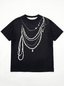 T-shirt décontracté pour femmes à col rond et manches courtes, Top d'été ample avec imprimé unique de chaîne de perles. Convient pour les vacances à la plage et le port quotidien - Noir - Voir 10