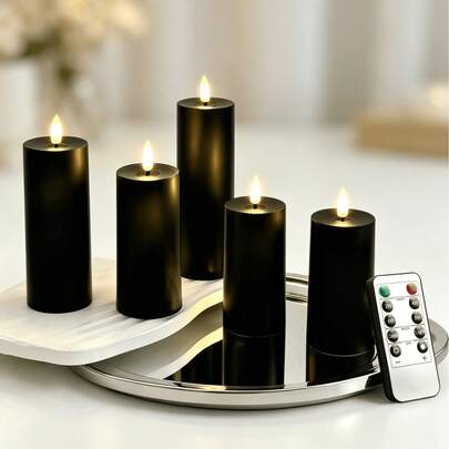 5pcs Flameless Candles, Battery Powered LED Realistic Candles With Remote Control And Timer, Suitable For Wedding, Birthday, Halloween, Christmas, Gothic Decor (Black)