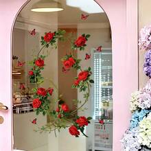 1pc Red Rose Vine Butterfly Glass Sticker, Romantic Wreath, Bathroom Window Decor - Multicolor - View 1