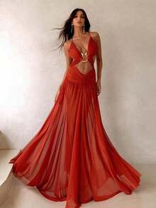 Women's Summer Cutout Strap Metallic Trim Flowy Swing Long Maxi Dress Spaghetti Strap Sheer Chiffon Party Gown, All Season Beach & Night Out Outfit - Đỏ - Xem 2