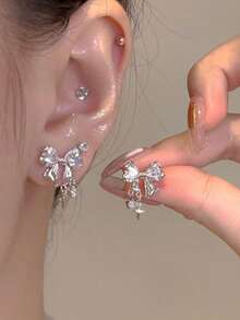 1 Pair Cute Rhinestone Bow & Star Dangle Earrings For Women, Fashion Shiny Daily Wear Party Birthday Gift (Actual Size Larger Than Image) - Multicolor - View 7