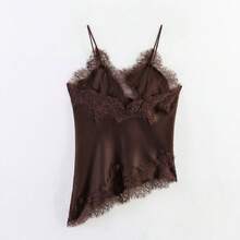 Camiseta de tirantes con escote en V y encaje, elegante top corto de satén para mujer, estilo casual Y2K - Café integral - Ver 6
