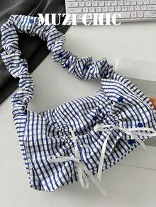 Multi-Color Blue & White Plaid Polyester Cloud Shoulder Bag, Pleated Edge, Suitable For School, Commute, Shopping, Lightweight Sweet Style For Young Girls - Multicolor - View 2