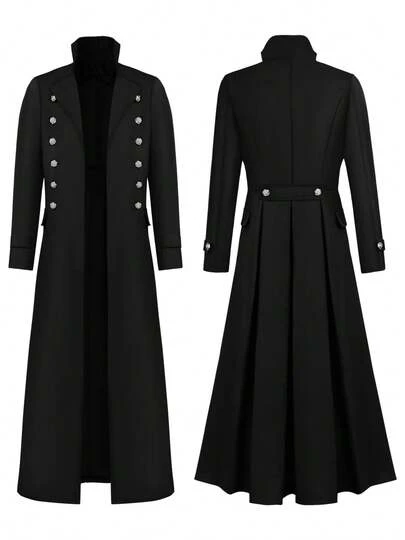 Áo khoác dài hai hàng cúc màu đen phong cách Gothic, áo khoác dáng ôm cổ đứng cài cúc kim loại cổ điển, trang phục ma cà rồng Halloween, áo khoác dáng dài phong cách Steampunk trang trọng, trang phục biểu diễn sân khấu, áo choàng đa năng thường ngày mùa thu/đông.