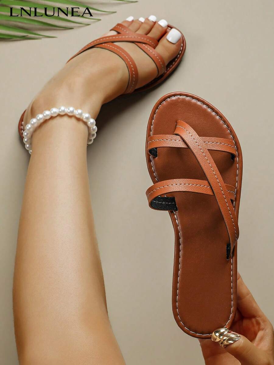 Women's Retro Toe Ring Flat Sandals, Summer Criss-Cross Strap Roman Sandals, Contrast Stitching, Casual Beach Slippers