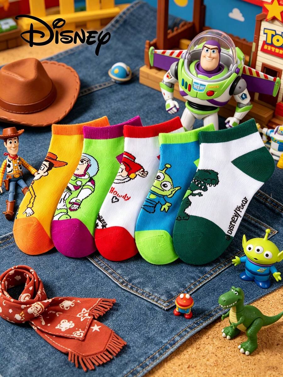 Disney 迪士尼Y玩具总动员联名卡通风格夏季胡迪/巴斯光年儿童袜（1/5/10双装），可爱舒适，适合儿童日常穿着。吸汗、舒适、耐磨、防臭、无色、亲肤、抗菌且富有弹性。 - 彩色 - 查看 1