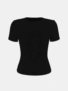 Solid Color Round Neck Slim Fit Waist Design Women Top Casual - Black and White - View 6