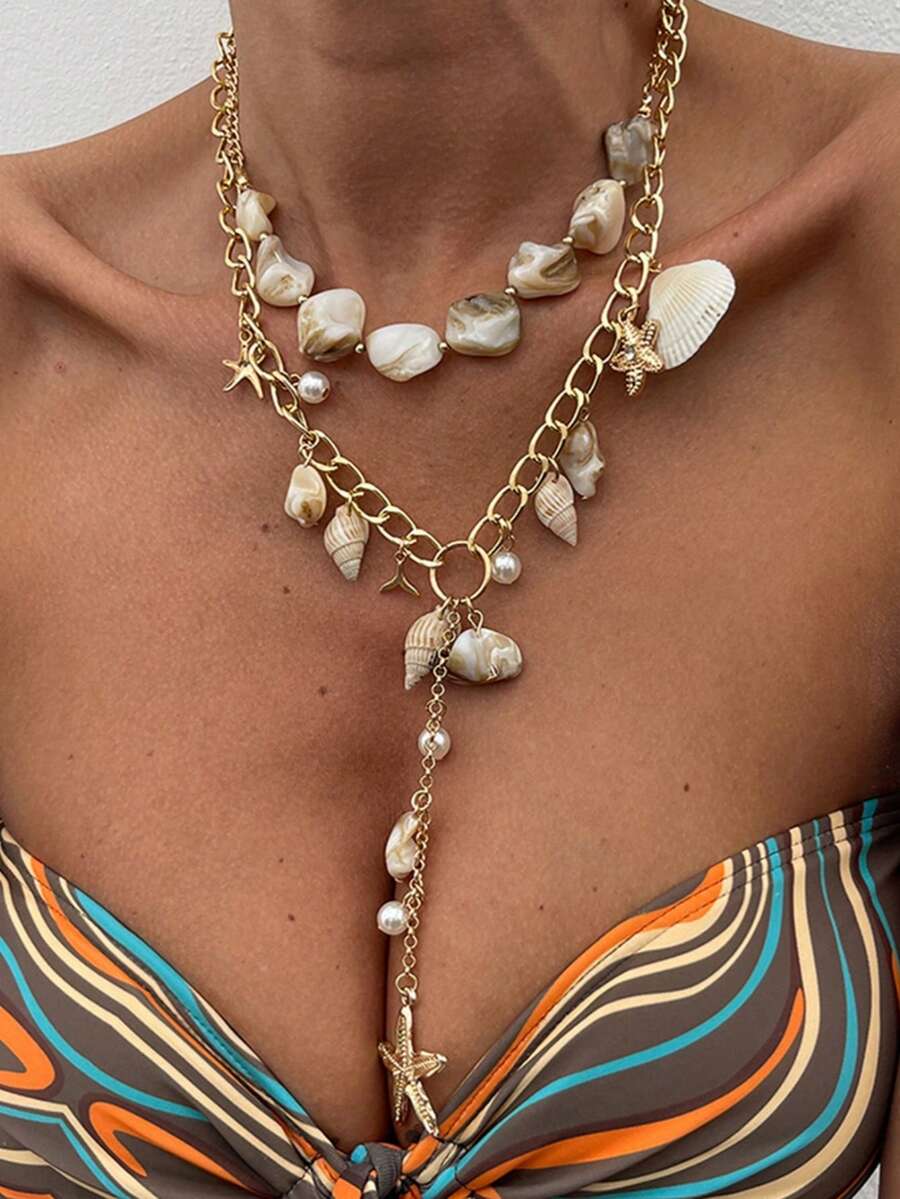 Set de 2 collares con colgante de borla con forma de estrella de mar y concha, elegante y de moda, adecuado para vacaciones en la playa, atuendo diario de verano, fiesta de vacaciones - Multicolor - Ver 1
