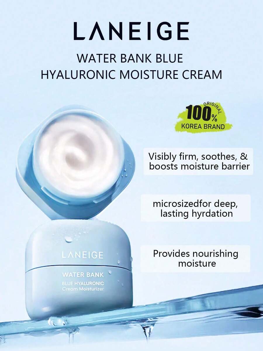 Laneige Water Bank 藍色玻尿酸保濕面霜 50ml/1.69 Fl.Oz，玻尿酸精華霜，清爽滋潤質地，快速吸收不黏膩，舒緩肌膚，減少乾燥，K-Beauty，韓國彩妝，OliveYoung，禮品