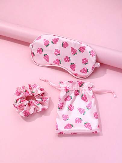 1pc Hair Scrunchie + 1pc Sleep Mask + 1pc Storage Bag Polyester Strawberry Printed Cute Hair Accessories Set, For Daily Use