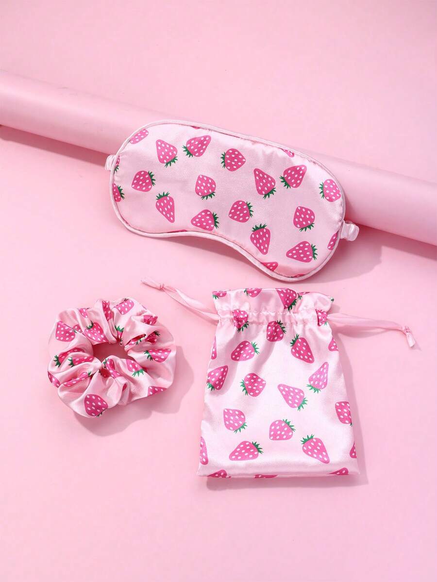 1pc Hair Scrunchie + 1pc Sleep Mask + 1pc Storage Bag Polyester Strawberry Printed Cute Hair Accessories Set, For Daily Use - Pink - View 1