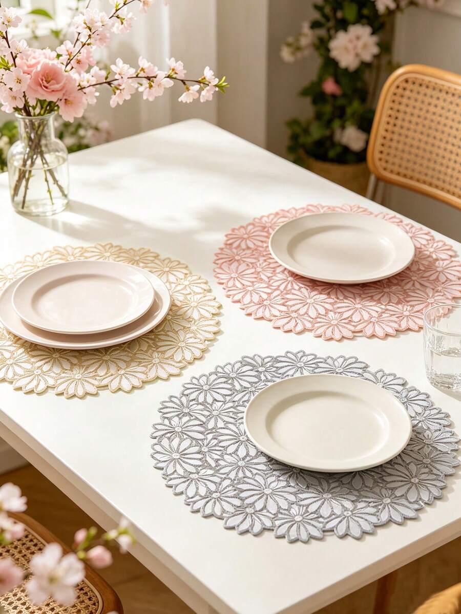 1/4/6pcs, Spring/Summer Floral PVC Gold Foil Placemats, Suitable For Home Dining Table Decoration, Heat-Insulating Mats, Protect Tabletop, Home Kitchen Tea Room, Minimalist Style, Wedding Holiday Party Placemats - Multicolor - View 1