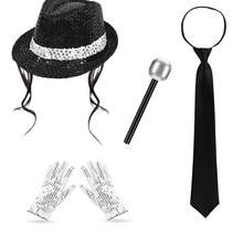 Conjunto de disfraz y accesorios de discoteca para adultos, atuendo temático de estrella pop, que incluye sombrero de ala corta con lentejuelas, guantes plateados, corbata de moño, disfraz de estrella pop de los 80, accesorios para fiesta de discoteca, disfraz de Halloween - Multicolor - Ver 2