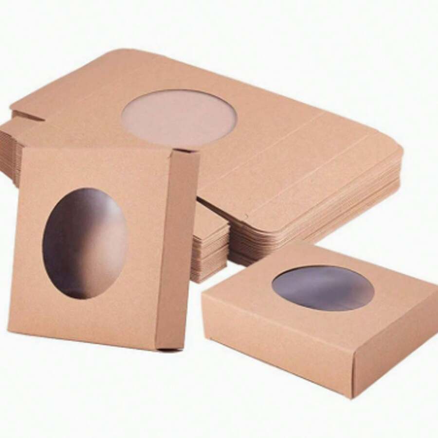 24 piezas Caja de papel kraft plegable y creativa, caja de regalo cuadrada con ventana transparente, caja de regalo para boda, caja de embalaje de regalo, negro, 9x9x1.5cm - Caqui - Ver 1