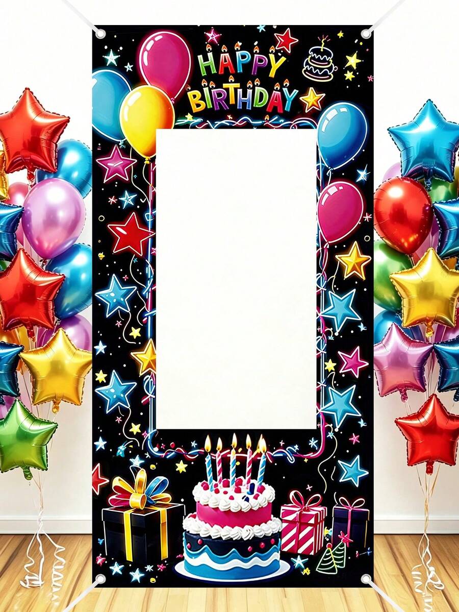 1件裝 生日快樂相框背景牆 120x60cm 螢光拍照亭道具 男孩女孩周歲生日背景裝飾 生日派對用品