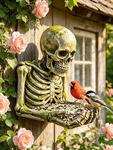 Vintage Moss Skull Resin Bird Feeder, Outdoor Wall Hanging Sculpture, Gothic Style Garden Decor, Durable Polyresin Bird Food Bowl To Attract Wild Birds And Add Eerie Charm - B - View 1