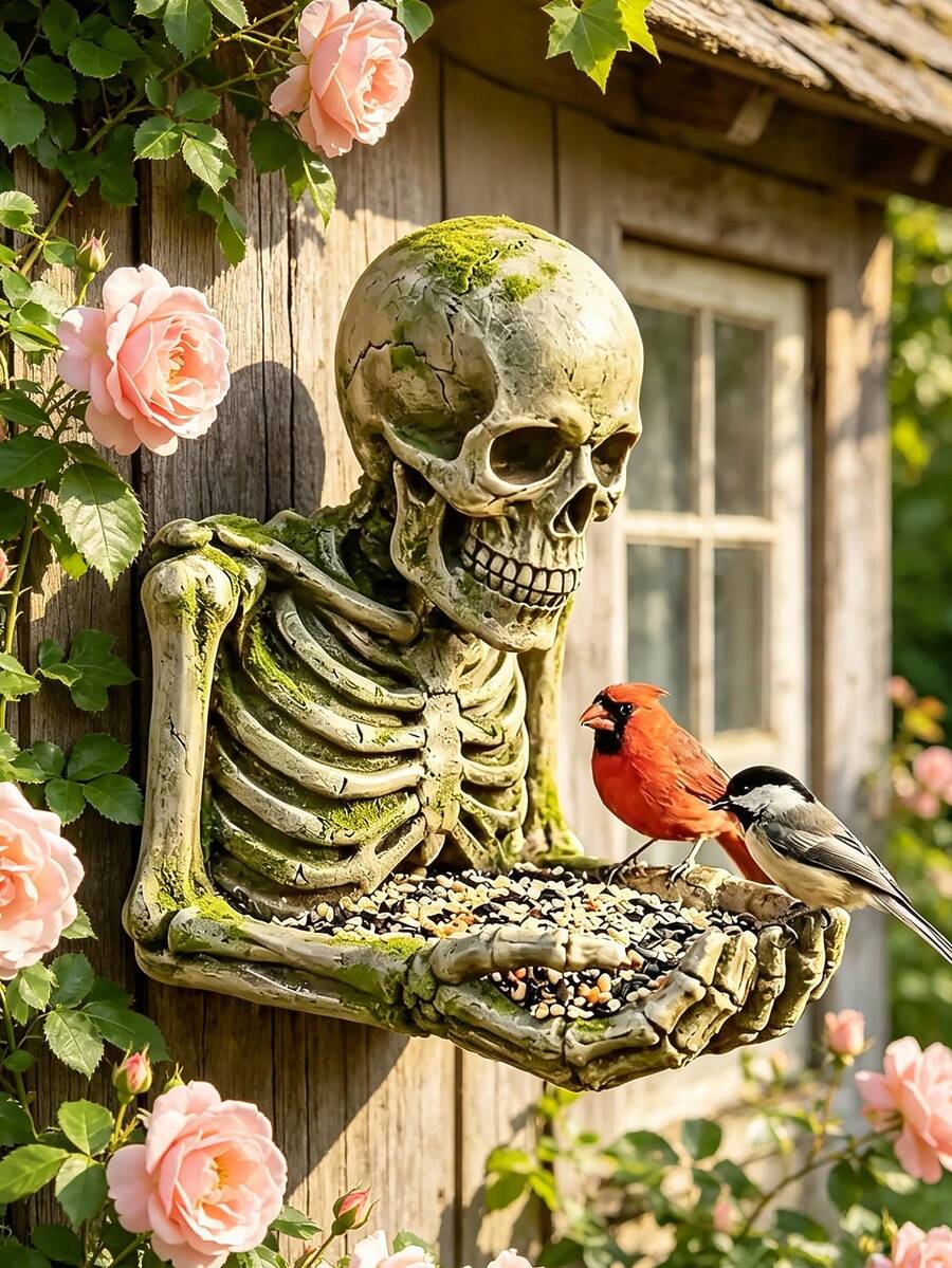 Vintage Moss Skull Resin Bird Feeder, Outdoor Wall Hanging Sculpture, Gothic Style Garden Decor, Durable Polyresin Bird Food Bowl To Attract Wild Birds And Add Eerie Charm - B - View 1