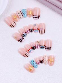 24pcs/Set Removable Striped, Polka Dot, Rhinestone Decorated Solid Color Oval Shaped False Nails, ABS Material Nail Stickers, Fashionable Manicure Art, Suitable For Party And Travel, Includes 1 Gel Polish And 1 Nail File - Multicolor - View 5