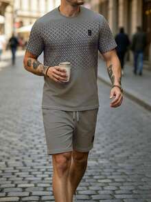 Men's Versatile Geometric Print Round Neck Short Sleeve T-Shirt And Drawstring Waist Pocket Shorts Set - Grey - View 3