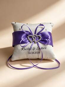 Customized Wedding Ring Pillow Personalized Name Date Cushion With Rhinestone Double Heart Design, Wedding Ceremony Decoration Ring Tray - Multicolor - View 12