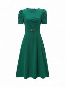 Women's Elegant Puff Sleeve Belted A-Line Midi Dress - Solid Crew Neck Textured High Waist Skater Dress For Work & Wedding Guest Summer Outfits For Women - 綠色 - 查看 4