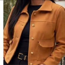 Women's Jacket With Faux Buttons, Woolen Fabric, Winter Fashion - Camel - View 4