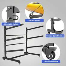 Baotree Premium Heavy Duty Freestanding Kayak Storage Rack, Thickened Reinforced Metal Adjustable Storage Stand, Multi-Purpose Holder For Kayak Canoe SUP Paddleboard Surfboard, Mobile Rack With Lockable Wheels, Heavy Load Capacity Indoor Outdoor Outdoor Sports Storage Organizer - 3-levels - View 8