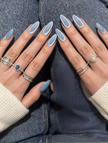VV MEI JIA ER 30 móng giả mắt mèo màu xanh lấp lấp lánh, cỡ trung bình, miếng dán móng sáng bóng, móng acrylic quyến rũ, miếng dán móng lấp lánh màu đen dễ thương cho ngón út, bao gồm 1 lọ keo và 1 dũa móng. - Màu xanh nhạt - Xem 4