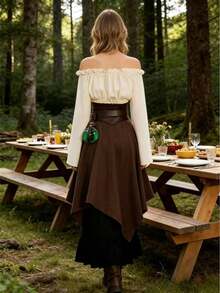 Women's Retro Pirate Style Outfit Set, Including Brown Faux Leather Corset Top And Asymmetric Skirt, Suitable For Theme Parties And Cosplay - Brown - View 3