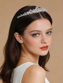 1pc Rhinestone Inlaid Mini Crown Headband, Suitable For Party, Birthday, Wedding - Silver - View 4