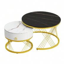 Elegant Modular Coffee Table: Marble Look, Gold Decoration, Side Table With Drawers – Set Of 2 - Black - View 11