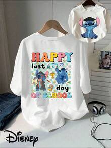 Disney Women's T-Shirt Classic Cartoon Stitch Double-Sided Printed T-Shirt, Short Sleeved Round Neck Casual Top, Suitable For Summer And Spring, Short Sleeved Top, Women's Clothing - trắng - Xem 1