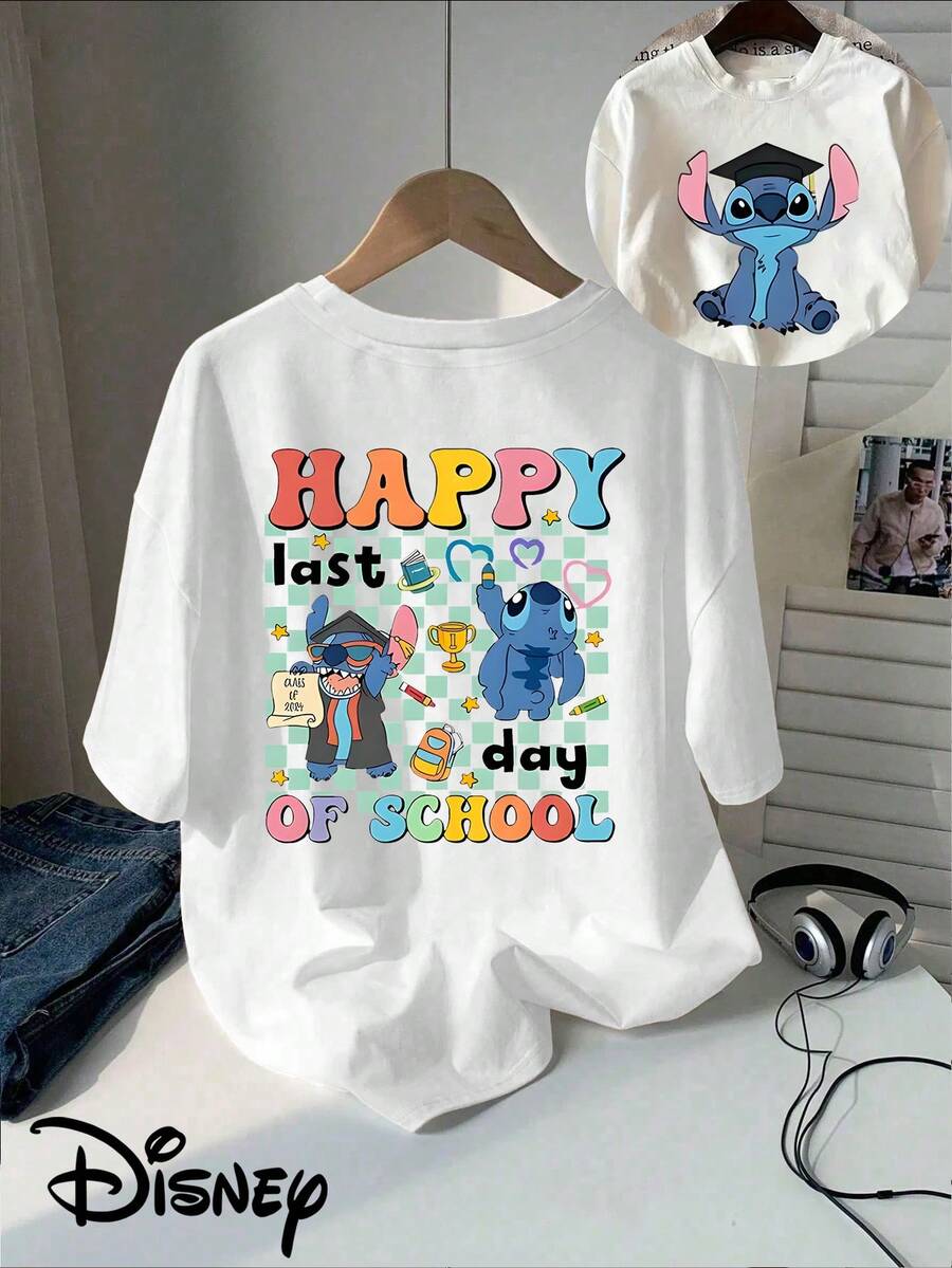 Disney Women's T-Shirt Classic Cartoon Stitch Double-Sided Printed T-Shirt, Short Sleeved Round Neck Casual Top, Suitable For Summer And Spring, Short Sleeved Top, Women's Clothing - trắng - Xem 1