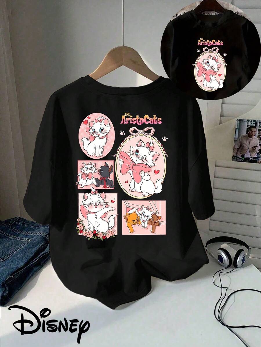 Disney Women's T-Shirt Classic Licensed Marie Cat Double-Sided Printed T-Shirt, Short-Sleeve Round Neck Casual Top, Suitable For Summer And Spring, Short-Sleeve Top, Women'S Clothing - 黑色 - 查看 1