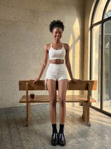 High Waist Butt Lifting Yoga Shorts With Pocket, Tummy Control Drawstring Biker Shorts For Fitness, Running And Daily Summer Wear - White - View 3