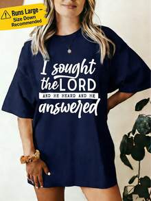 Women's Plus Size 100% Cotton Short Sleeve Crew Neck T-Shirt - With "I Sought The Lord And He Heard And He Answered" Faith Graphic (White Font Design), Soft Breathable Casual Top Suitable For Daily Leisure & Faith-Inspired Gatherings - Màu xanh hải quân - Xem 1