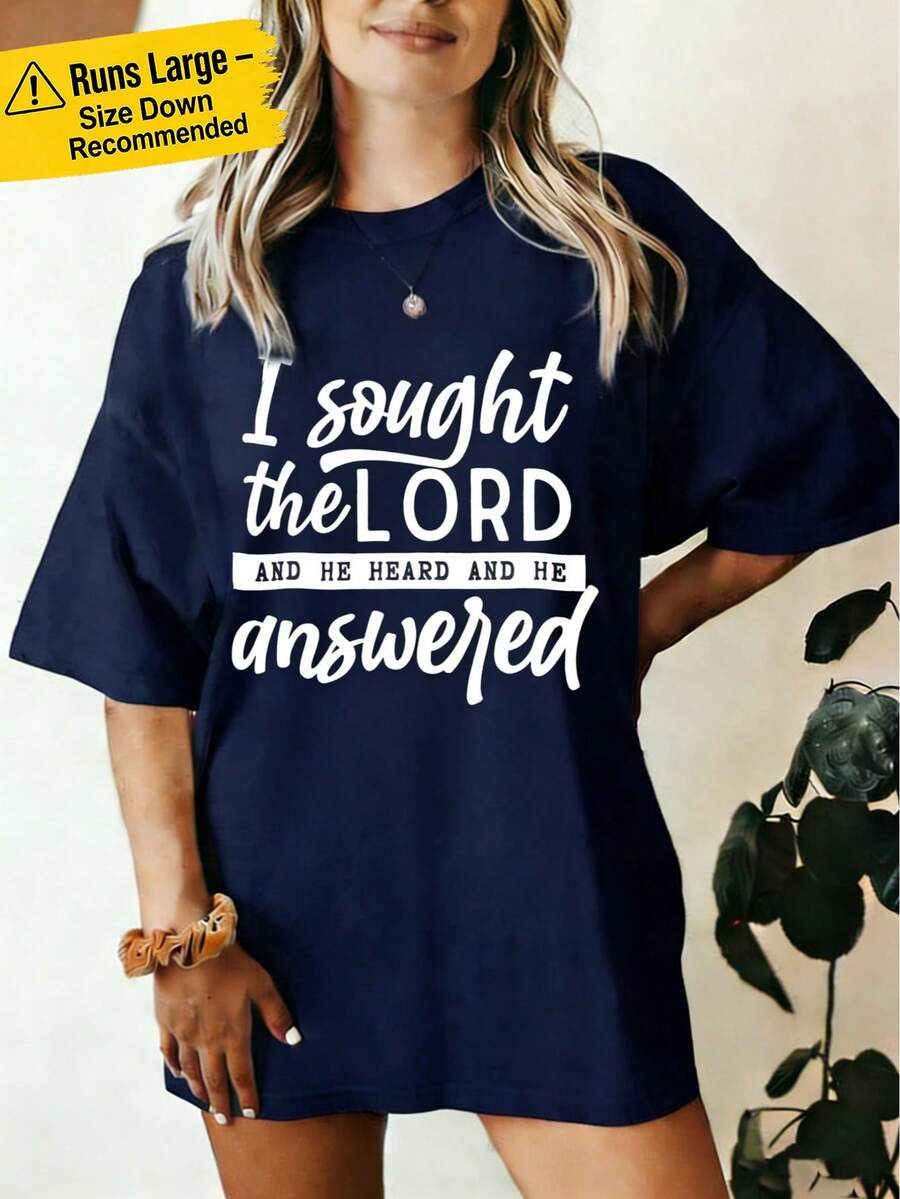 Women's Plus Size 100% Cotton Short Sleeve Crew Neck T-Shirt - With "I Sought The Lord And He Heard And He Answered" Faith Graphic (White Font Design), Soft Breathable Casual Top Suitable For Daily Leisure & Faith-Inspired Gatherings - Màu xanh hải quân - Xem 1