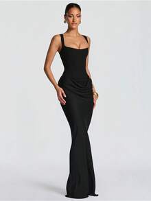Women's Solid Color Sexy Bodycon Dress, Sleeveless Square Neck Ruched Maxi Gown, Elegant Formal Evening Party Dress - Black - View 2