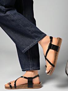 Summer New Metal Decor Strap Flat Sandals For Women - Black - View 3