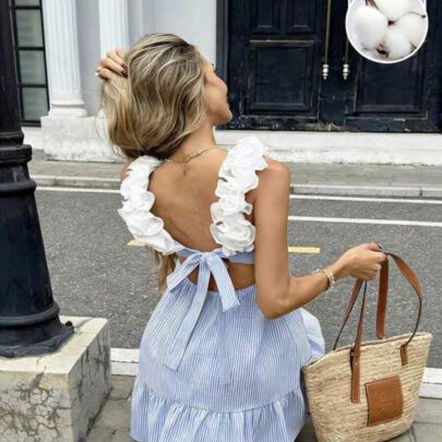 Elegant Ruffle Trim Striped Camisole Dress, Women's Ruffle Trim Backless Tie Design Fashion Dress, Blue & White Striped Office & Commute Dress For Ladies, Suitable For Spring & Autumn, Elegant Dress, Business Casual Summer Backless Summer Dress Women Sundress Summer Backless Sundress Women Vacation Dress Casual Sundress - Azul y blanco - Ver 1