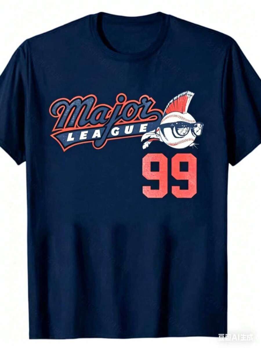 180g Vintage Baseball Pattern T-Shirt - 180g Heavyweight Crew Neck Short-Sleeve Shirt, MAJOR LEAGUE 99 Print, Loose Casual Fit, Machine Washable - 藏蓝色 - 查看 1
