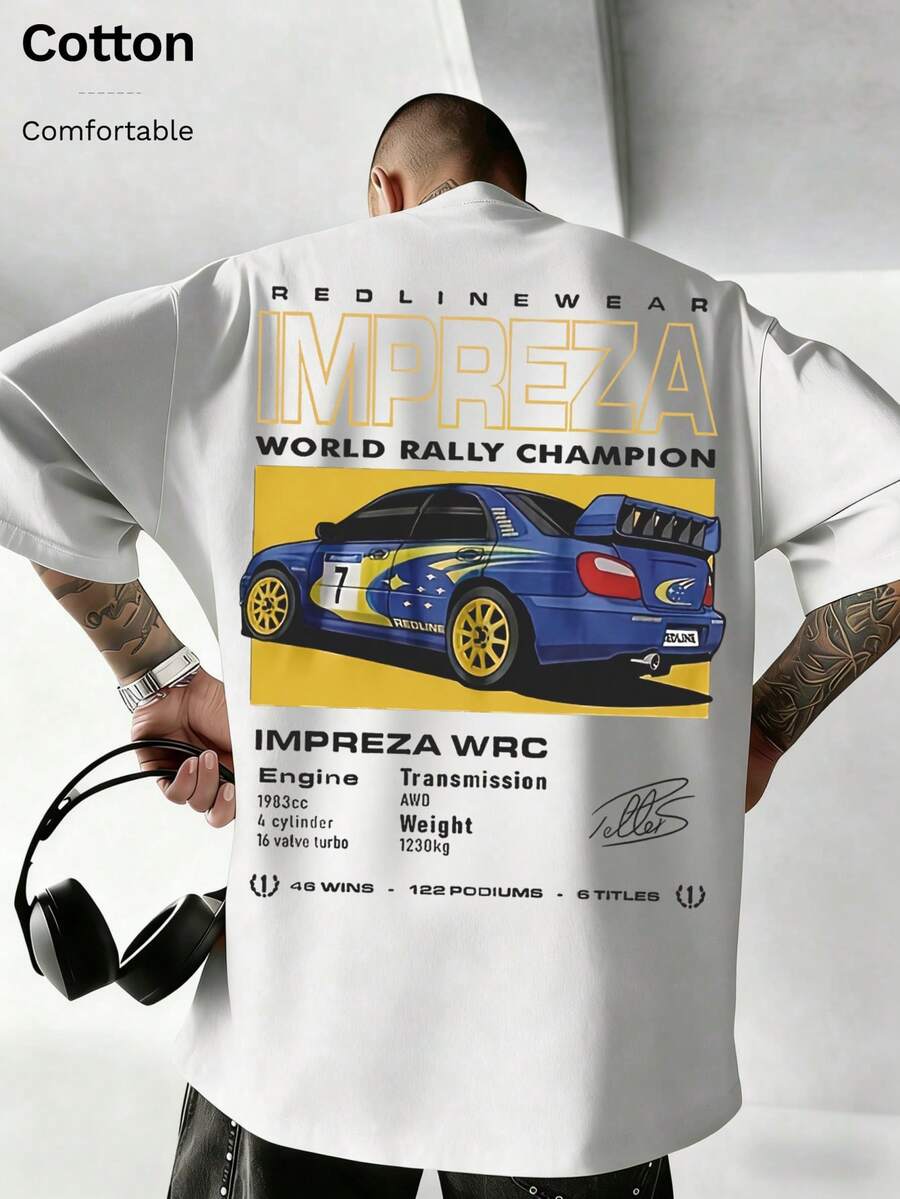 男士春夏秋冬 100%純棉 T-shirt,世界拉力賽冠軍印花,適合日常穿著、街頭風與度假 - 白色 - 查看 1