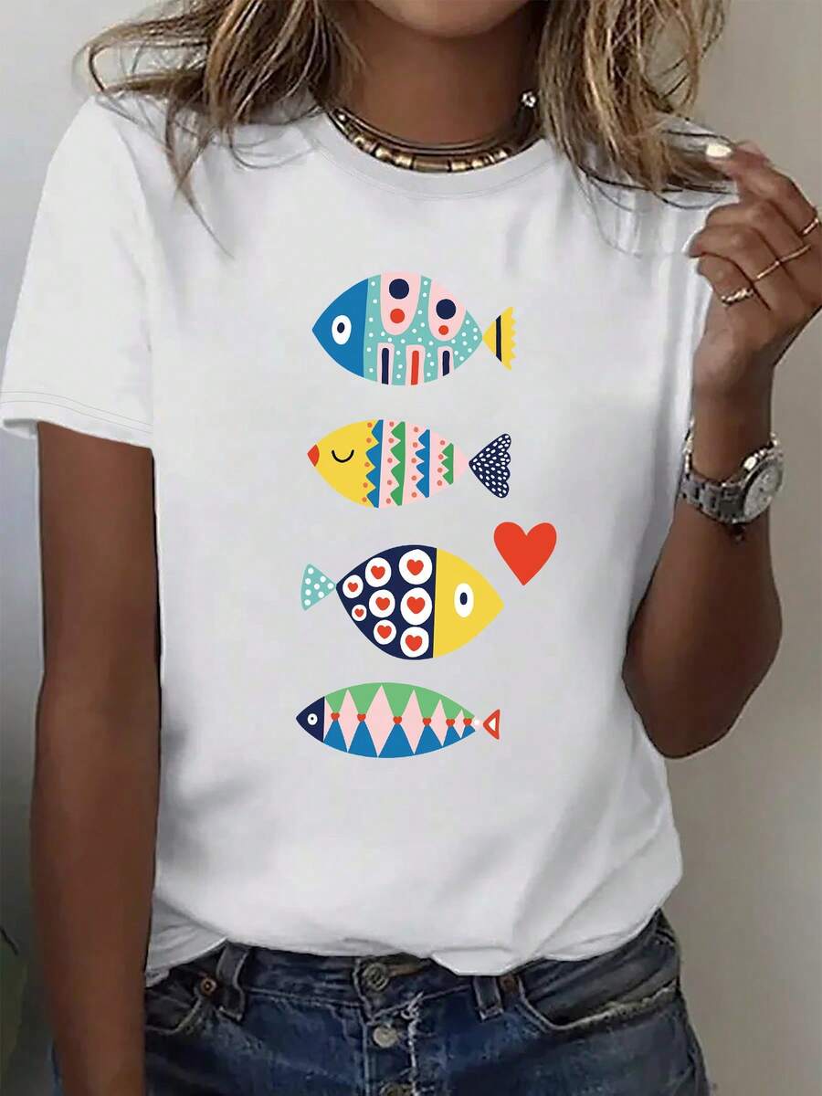 Women's Short-Sleeved, Crew-Neck T-Shirt With A Blue Fish And Heart Print, Featuring A Smiling Fish Motif And Nautical Design. Machine-Washable Beachwear, Suitable For All Seasons And Everyday Wear. Women's Summer Outfit. - White - View 1