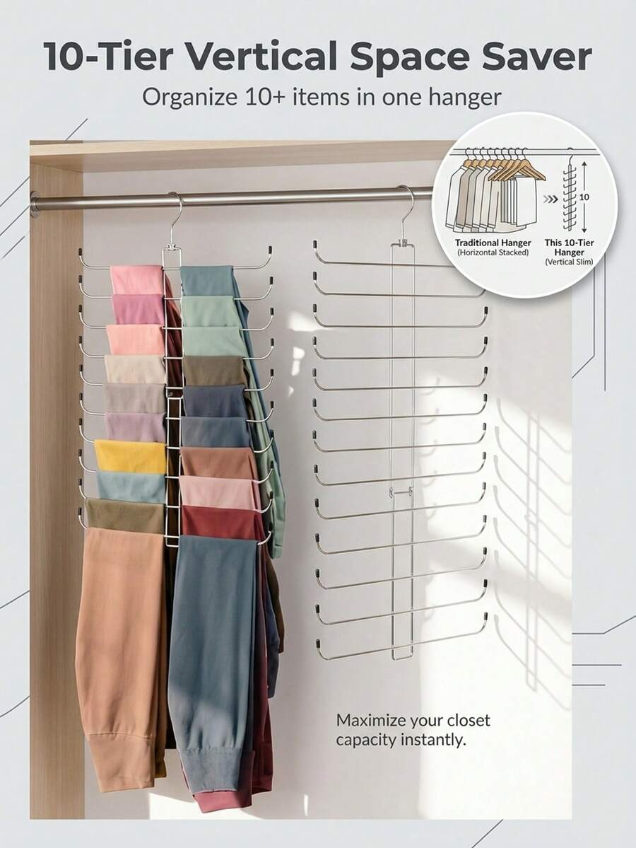 1 Giá Treo Quần Áo 10 Tầng Tiết Kiệm, Làm Bằng Thép Không Gỉ Cao Cấp, Lưu Trữ Quần Áo Theo Chiều Dọc, Thiết Kế Chống Trượt, Có Thể Treo Hơn 10 Quần/Quần Jeans/Khăn, Lý Tưởng Cho Tủ Quần Áo Nhỏ, Ký Túc Xá và Phòng Ngủ, Giúp Dọn Dẹp và Tối Đa Hóa Không Gian Tủ Quần Áo.