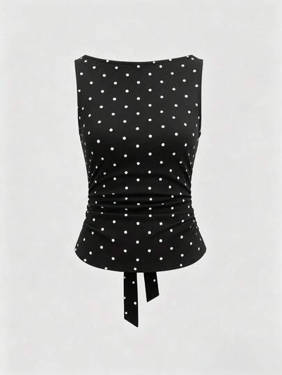 Women's Fashion Plunging Neck Tie Polka Dot Ruched Bandeau Top Casual Black Summer