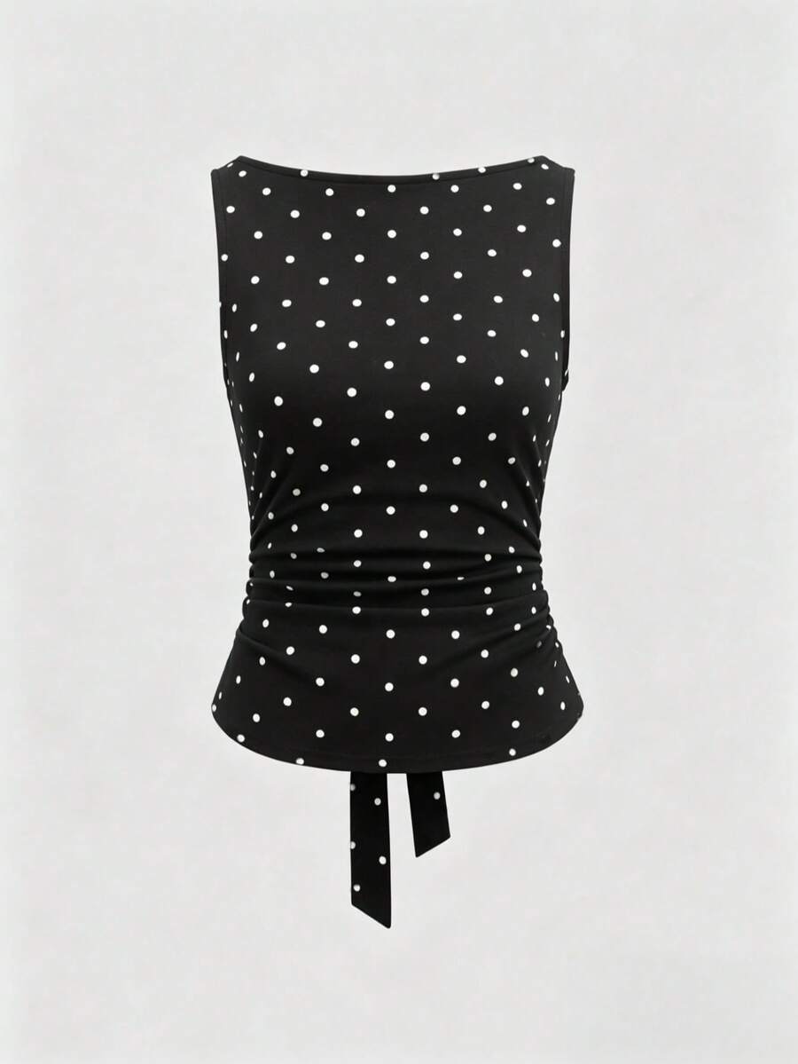 Women's Fashion Plunging Neck Tie Polka Dot Ruched Bandeau Top Casual Black Summer - Black - View 1