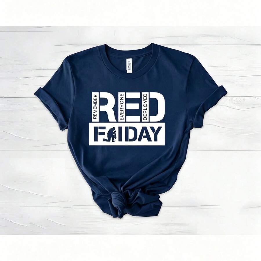 May 5th Day Casual T-Shirt 100% Cotton Women's Summer Top. On Fridays We Wear Red Shirts, We Wear Red To Remember Everyone's Deployment. American Flag American Veterans T-Shirt, American Flag T-Shirt 180g Breathable Cotton Tee, All Match - 藏蓝色 - 查看 1