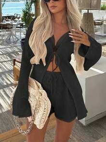 Women'S Solid Color Summer Open Front Tie-Front Long Sleeve Textured Top And Fake Drawstring Shorts, Fashion Vacation Style Set - 杏色 - 查看 5