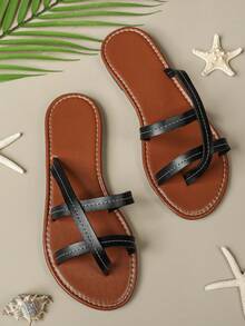 Summer New Women's Criss-Cross Strap Toe-Clip Flat Sandals, Minimalist Versatile Casual Soft Sole Anti-Slip Slides, Daily Commute Beach Shoes - Black - View 4