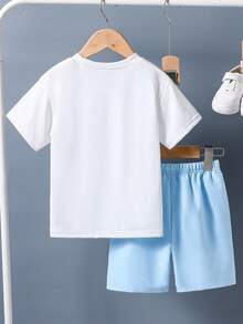 Toddler Cartoon Print Short Sleeve T-Shirt And Shorts Summer Outfit - Blue - View 2